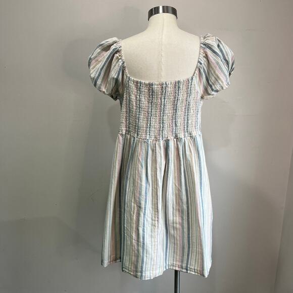 Lucky Brand Linen Blend Striped Puff Sleeve Mini Dress Boho Sz XL - Picture 3 of 7